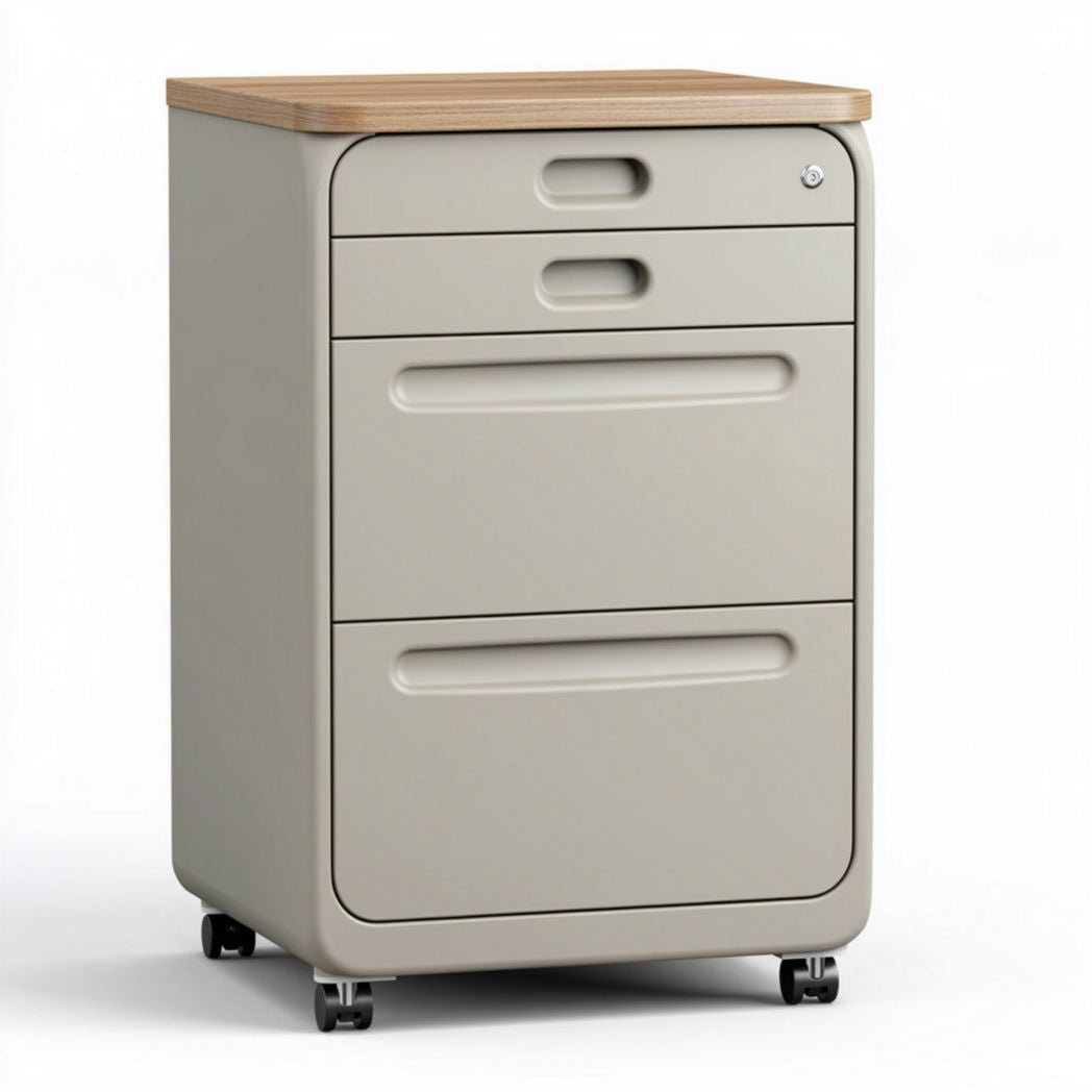 Mobile filing cabinet with wood top and three drawers in light gray 45 x 40 x 60cm