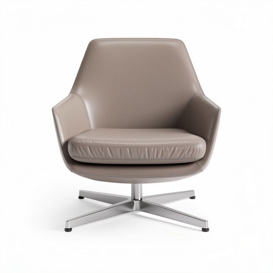 Swivel accent chair in light brown leather with stainless steel base