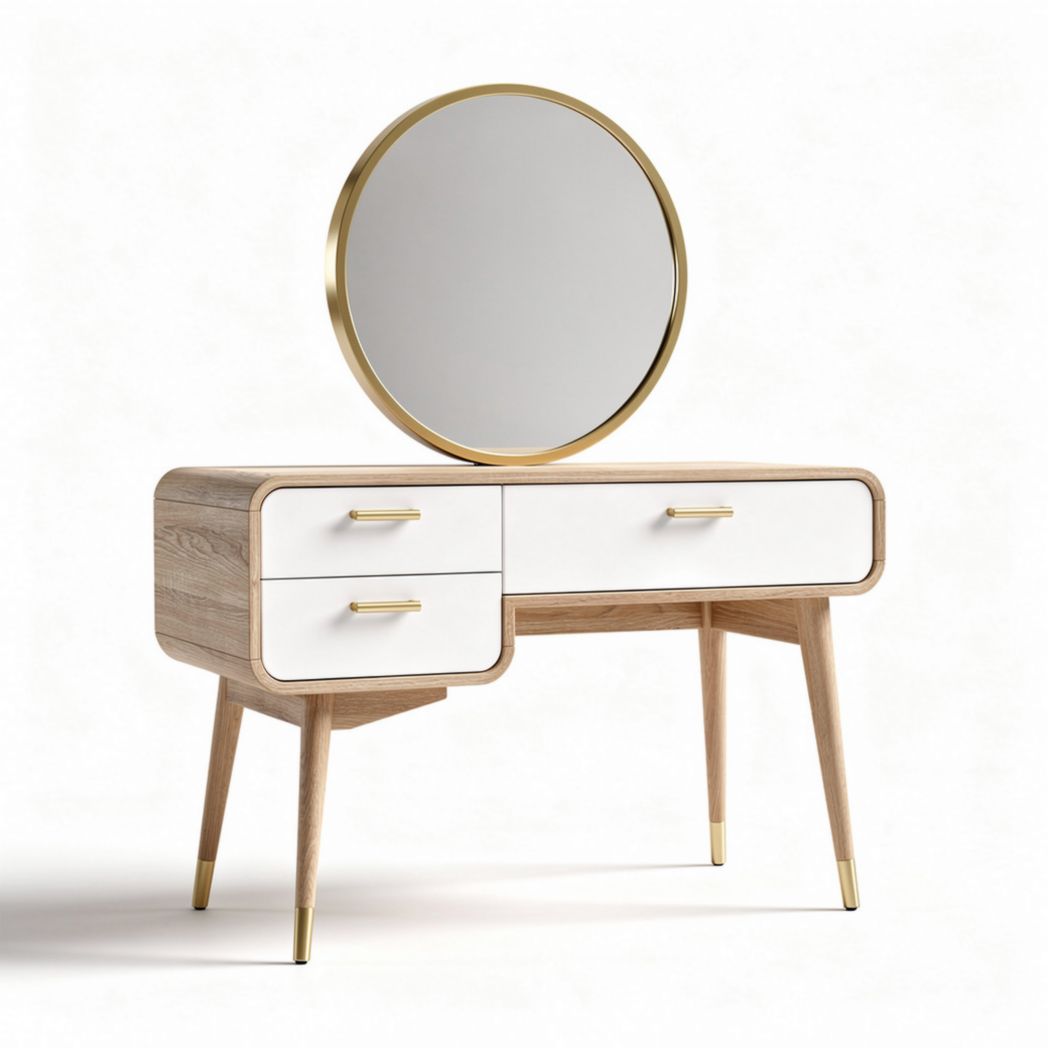 Modern wooden vanity table with round mirror and two drawers 100 x 40 x 75cm