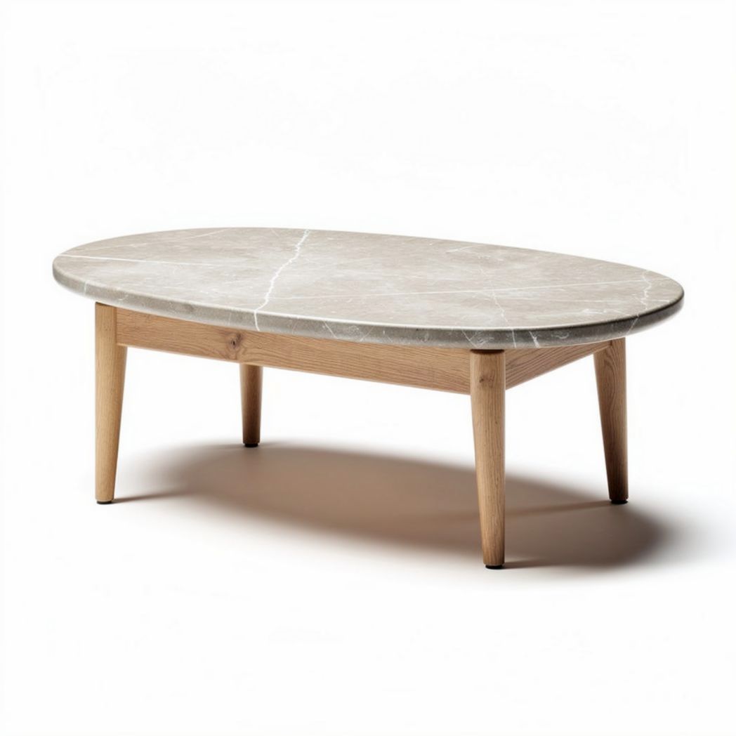 Marble top coffee table with natural wood legs 120 x 70 x 45cm