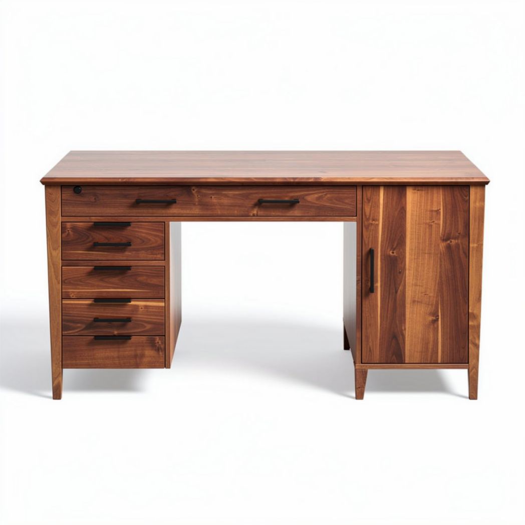 Wooden office desk with storage drawers and cabinet in walnut finish 150 x 70 x 75cm