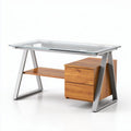 Glass top writing desk with wood storage in modern design 150 x 75 x 75cm