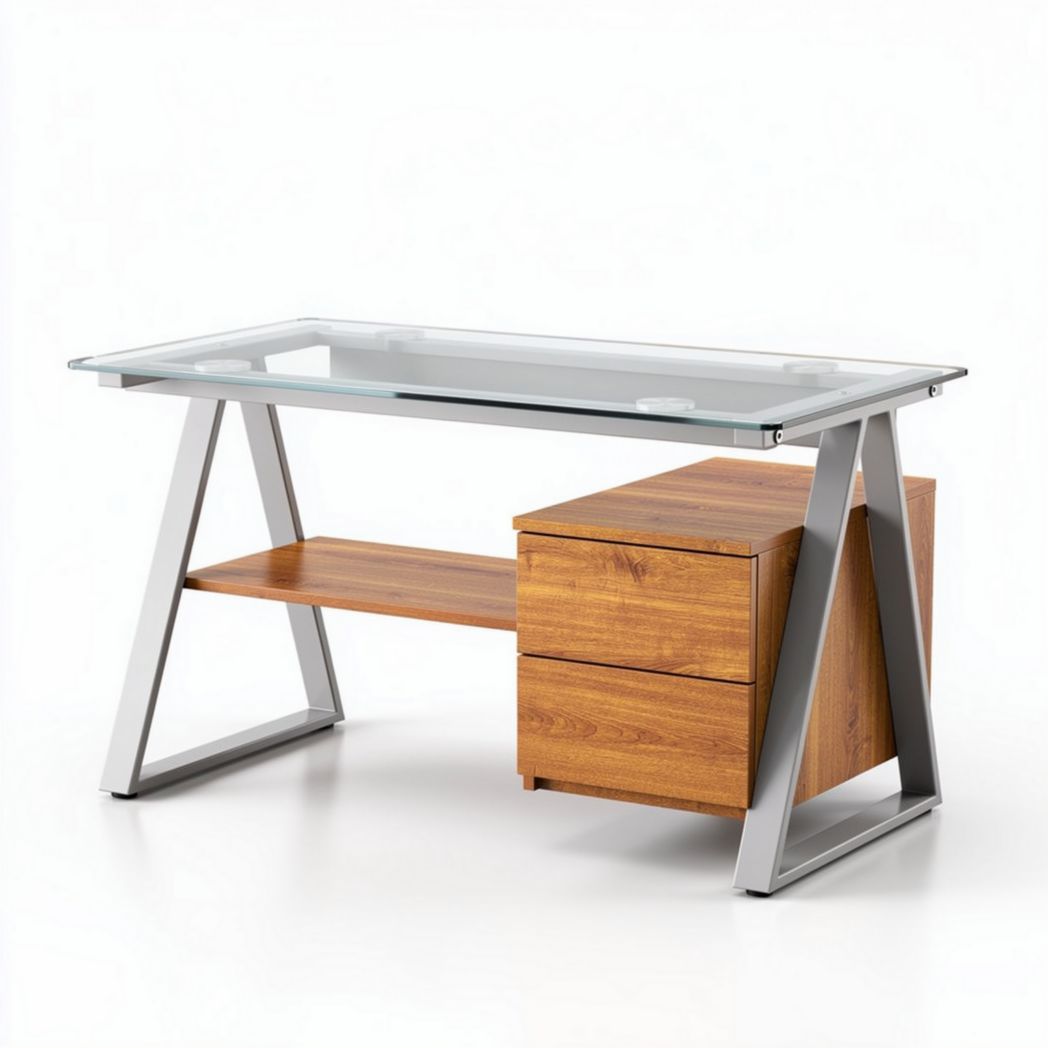 Glass top writing desk with wood storage in modern design 150 x 75 x 75cm