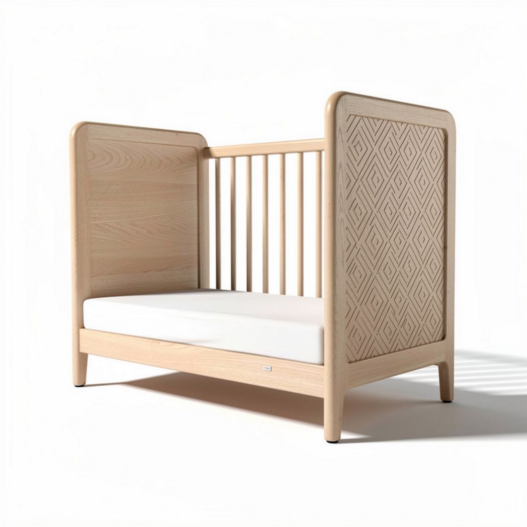 Wooden toddler bed with geometric patterned back panel and mattress included 120 x 60 x 75cm