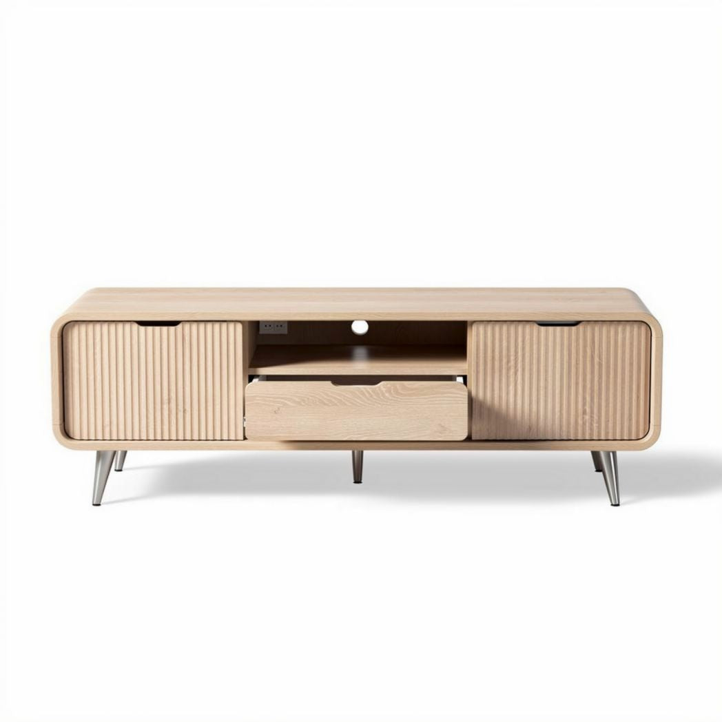 Wooden tv stand with storage compartments and metal legs 150 x 40 x 50cm