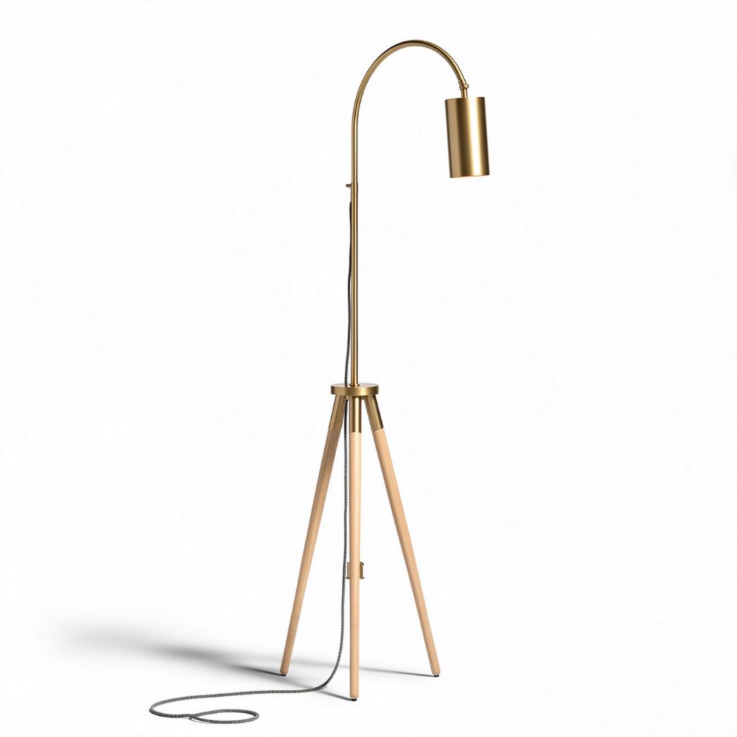 Arc floor lamp with wooden tripod base and metallic shade 80 x 30 x 30cm