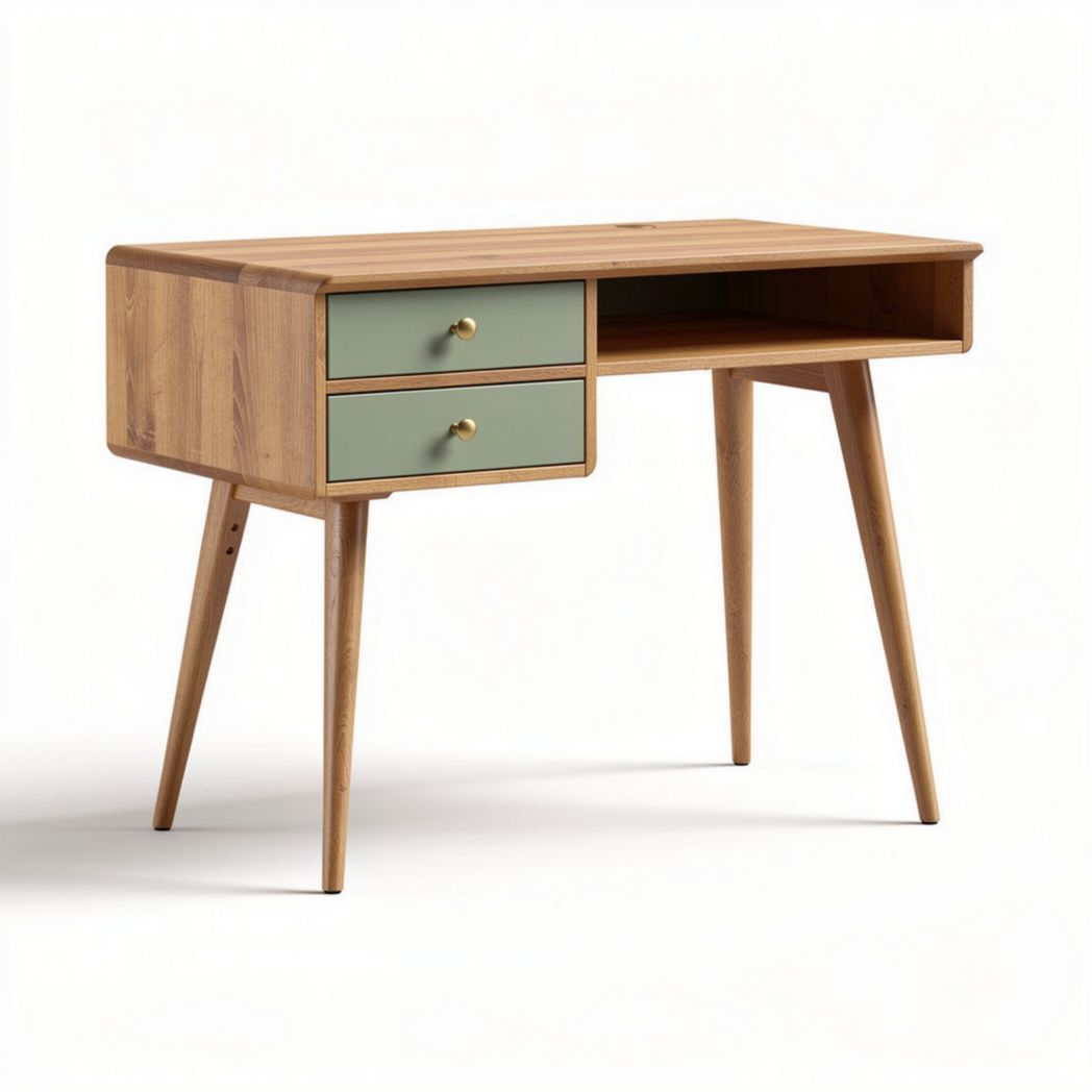 Wooden study desk with two drawers and open storage in natural finish 120 x 60 x 75cm