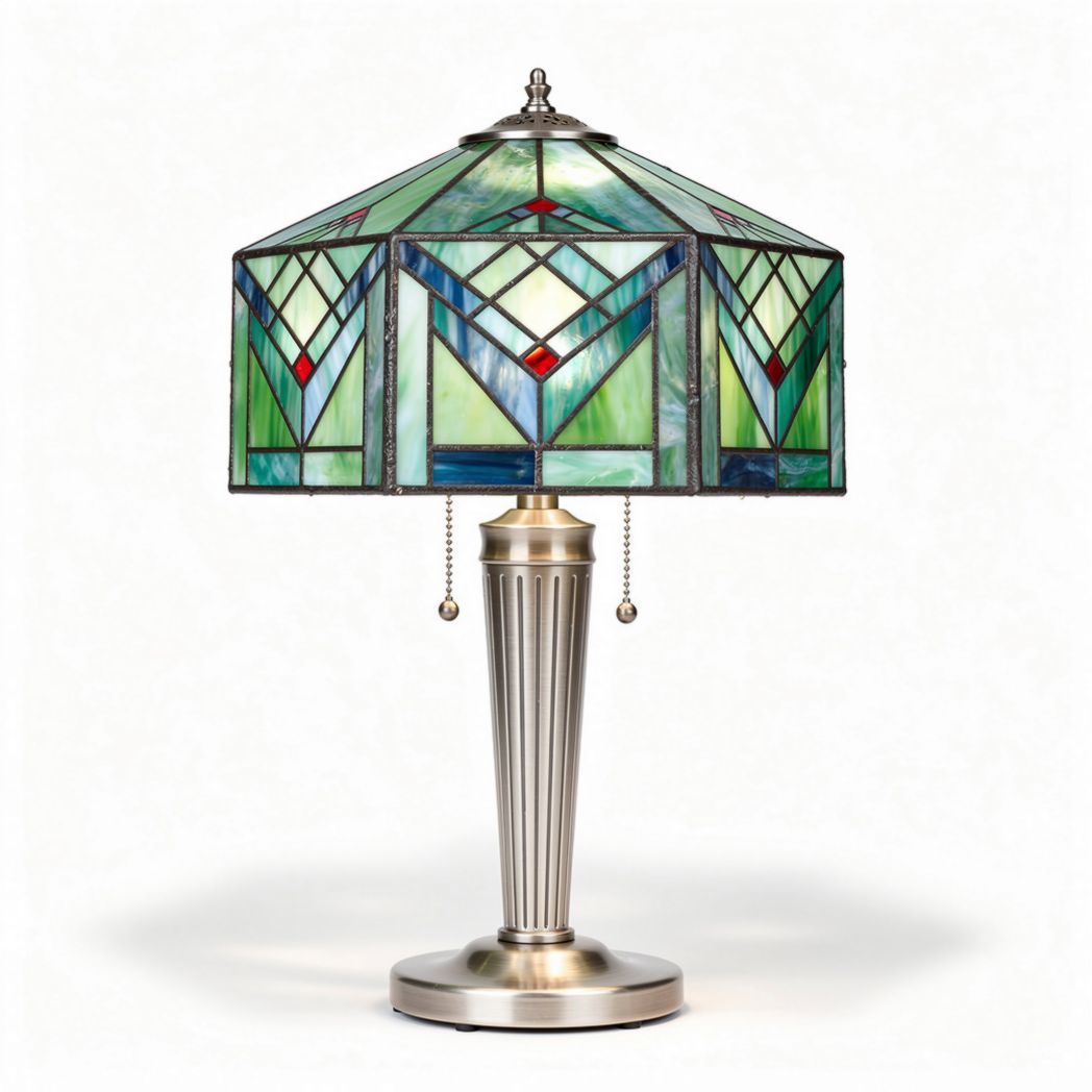 Stained glass table lamp with green and blue design and metal base 30 x 30 x 50cm