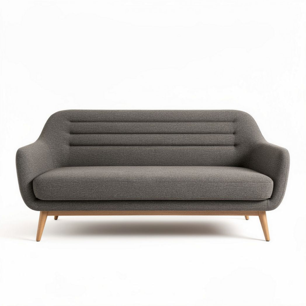 Gray upholstered two-seater sofa with wooden legs and modern design