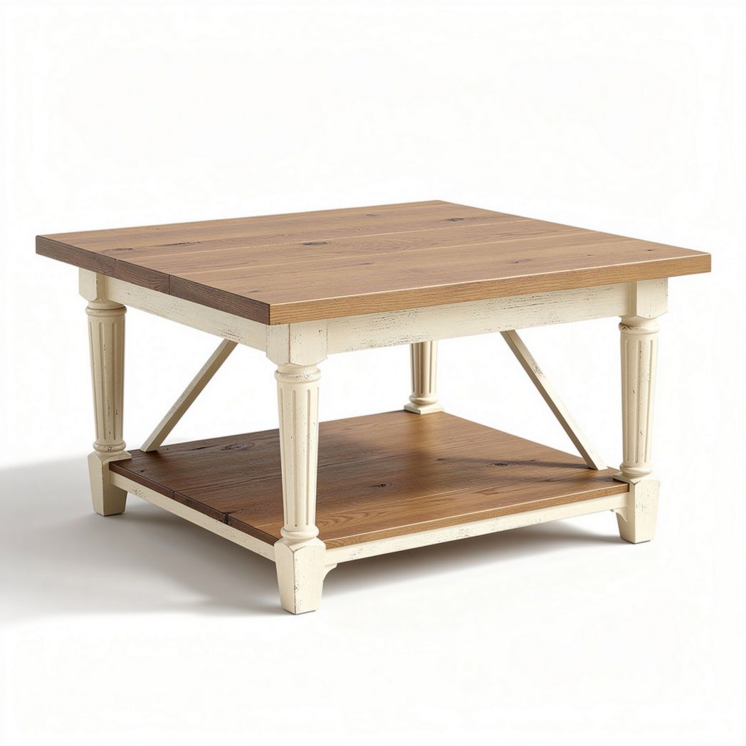 Wooden square coffee table with open shelf and white legs 80 x 80 x 45cm